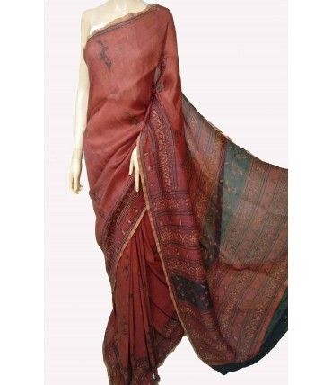 Ajrakh Block Printed Pure Handloom Linen Silk Saree