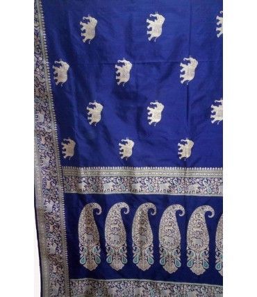 Blue Elephant Weaved Meenakari Pure Katan silk Banarasi Saree