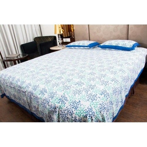 Aqua And Blue Print Jaipuri Bedsheet With Two Pillow Covers