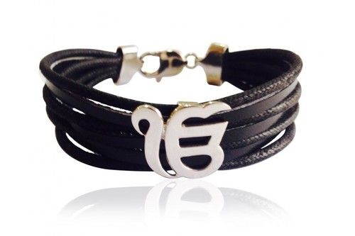 Wide Leather Band Ik Onkar Bracelet