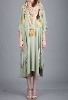 Antique Jade Silk Crepe Fringed Embroidered Kimono With Assymetric Jersey Dress