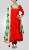 Georgette Frilled Kurta With Churidaar & Dupatta