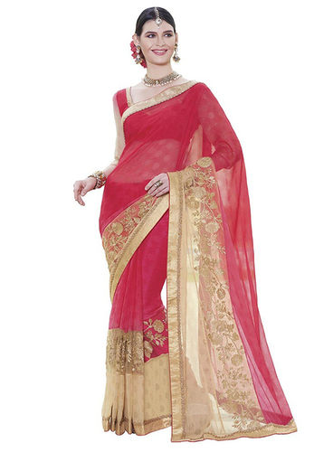 Bone Inlay Pink Chiffon Saree