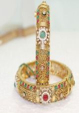 Polki Bangles With Beautiful Golden Chain Work, Red And Green Stone