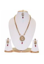 Polki Long Necklace With Red and Green Stone With Tika