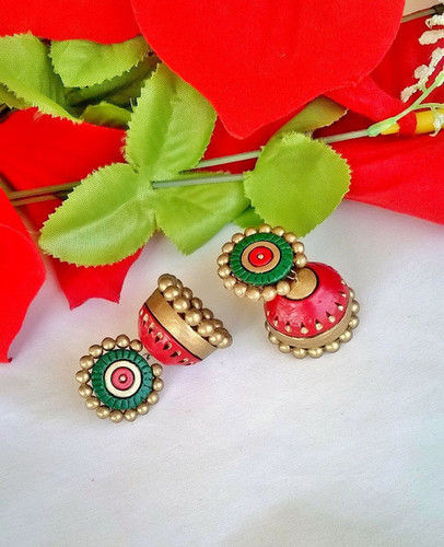 Designer Green And Red Handmade Terracotta Jhumka