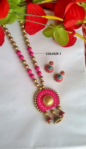 Halfcircle Pink Pendant Terracotta Jewelry Set