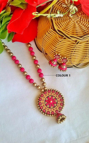 Pink Floral Handmade Terracotta Pendant Set