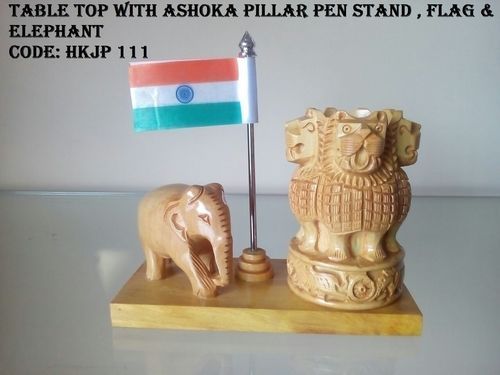 Wooden Elephant Pen Pencil Stand With Ashok Stambh Flag