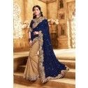 Embroidered Blue and Beige Designer wedding Saree