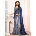 Georgette and Net Designer Saree in Navy Blue and Grey Colour