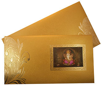 Hindu Wedding Card in Antique Golden with 3D Ganeshna Image