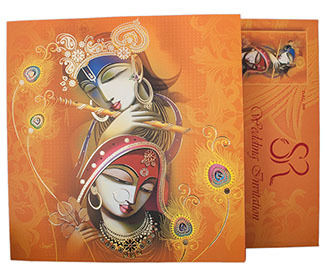 नारंगी में आधुनिक राधा कृष्ण डिजाइन के साथ हिंदू वेडिंग कार्ड