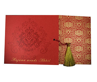 Multifaith Designer Wedding Card In Red & Orange With Motifs