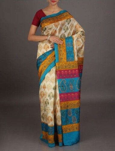 Cream Kantha Silk Sarees