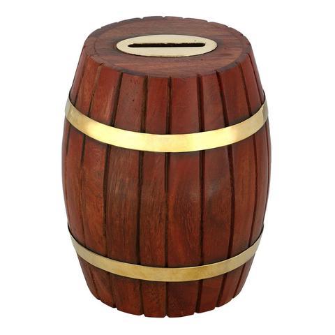 Wooden Barrel Coin Money Bank For Kids Brass Decor