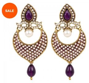 Ethnic White And Purple Polki Pearls Jhumka Earrings