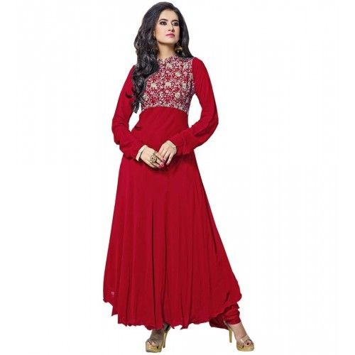 Red Georgette Embroidered Semi-Stitched Floor Length Anarkali Suit