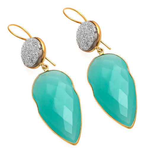 Washable Aqua Chalcedony And Druzy Gemstone Earrings