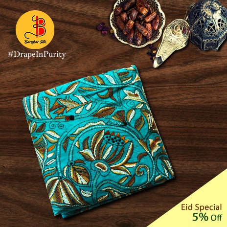 Silk Sea Blue Katha Stich Handloom Saree