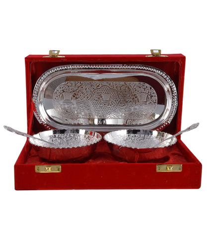 ट्रे और चम्मच के साथ सिल्वर प्लेटेड 2 बाउल सेट