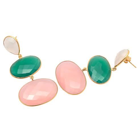 गुलाबी चेलेडोनी/हरा गोमेद और मिल्की चेलेडोनी रत्न झुमके