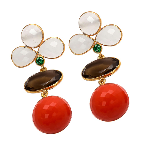 ऑरेंज चैलेडोनी/स्मोकी टॉपज़ और मिल्की चेलेडोनी जेमस्टोन इयररिंग्स