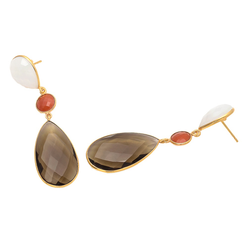 Smoky Topaz / Carnelian And Milky Chalcedony Gemstone Earring