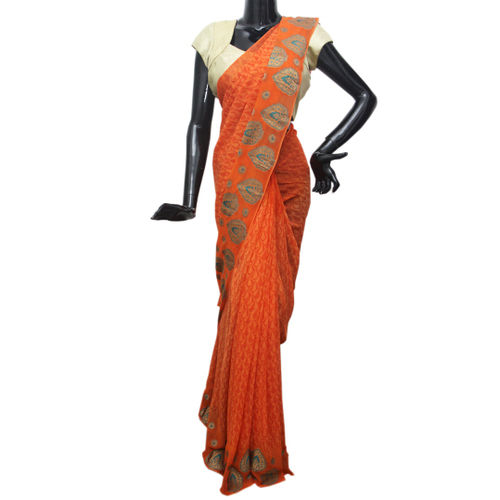 Orange Printed Crepe Saree C12H11No2