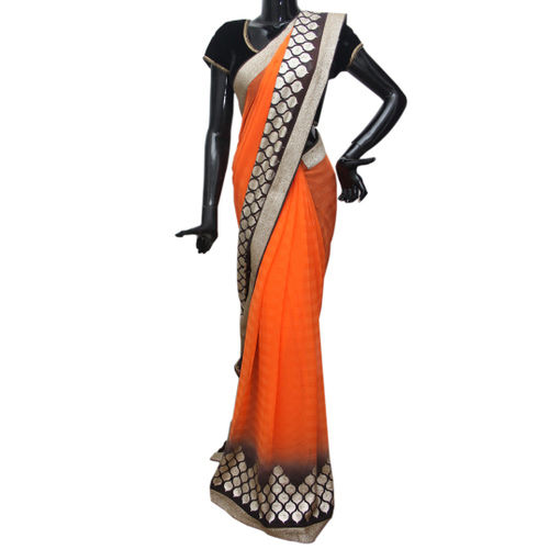 Orange Self Printed Checks Georgette Saree