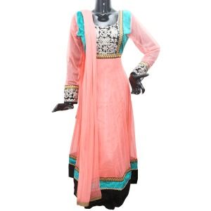 Peach And Blue Supernet Partywear Anarkali Suit Application: Agriculture