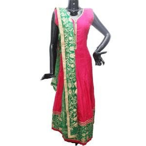 Pink And Green Aari Work Anarkali Suit