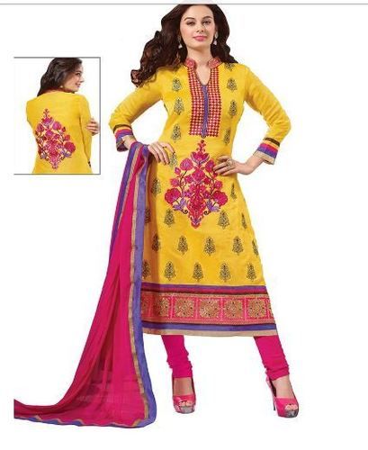 Yellow and Pink Designer Unstitched Salwar Suits