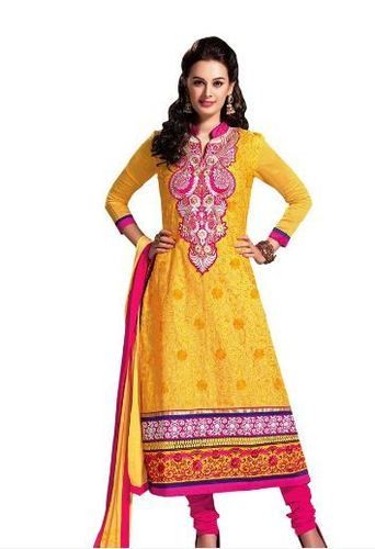 Yellow And Pink Unstitched Long Salwar Suit