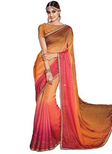 Satin Pink And Orange Designer Saree