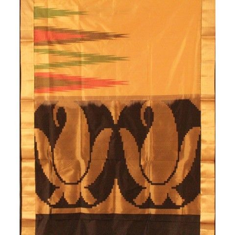 Cream and Golden Brown Temple Pattern Silk Saree