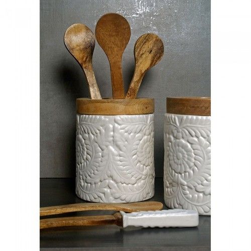 Salad Server - Exquisitely Carved Wood and Ceramic Set of Two | Ideal for Afternoon Lunches, Elegant Design