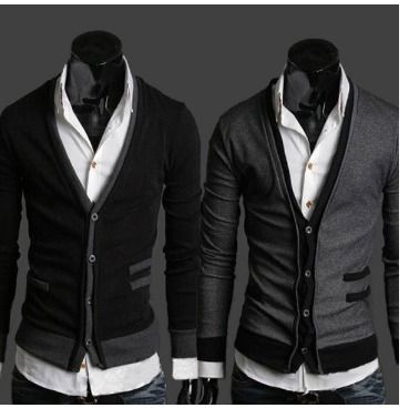 Black Dark Gray V Neck Mens Cardigan Sweater