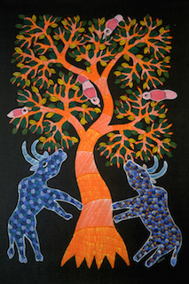 पेड़ों और गायों की चित्रकारी