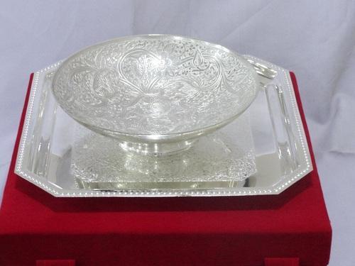 Tray With Silver Plated Round Bowl
