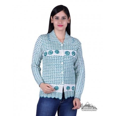 Women White Sea Green Checkered Cardigan