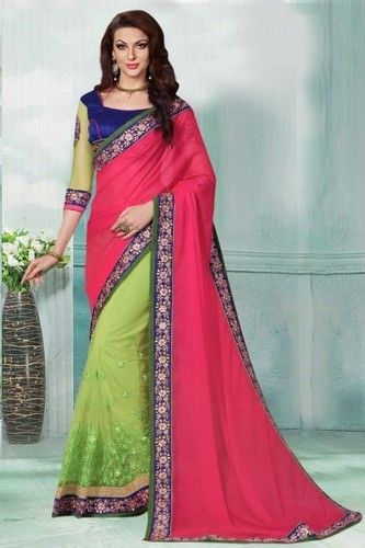 White Fuchsia And Parrot Green Party Wear Faux Chiffon Jacquard And Net Saree