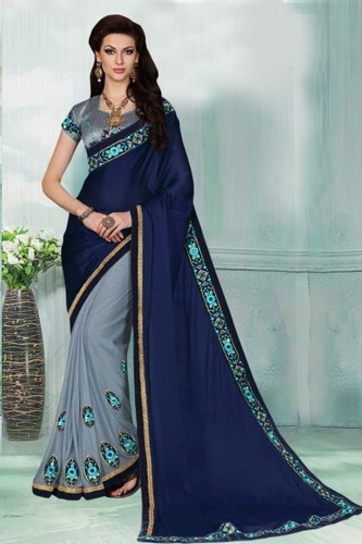 नेवी ब्लू और ग्रे पार्टी वियर फॉक्स साटन शिफॉन और नेट साड़ी