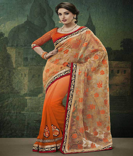 Orange Cotton Jacquard Designer Saree