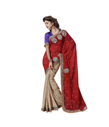 रेड शिफॉन हाफ एंड हाफ साड़ी