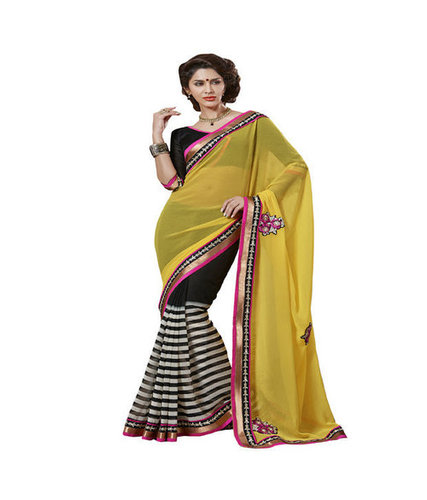 येलो शिफॉन हाफ एंड हाफ साड़ी