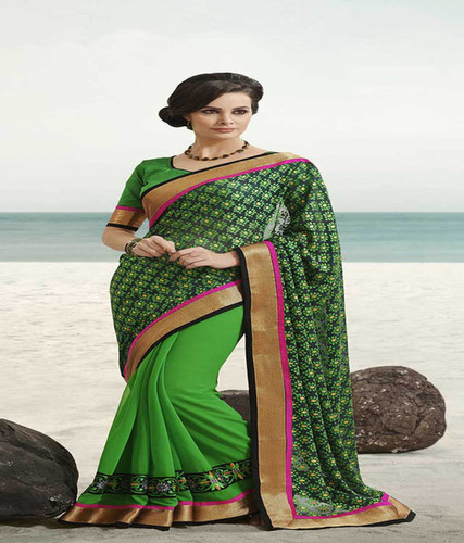 Green & Blue Net Multi Work Saree