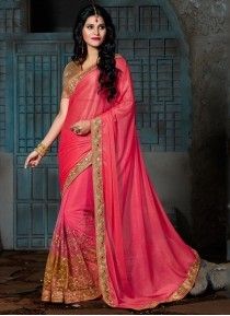 Hot Pink Patch Border Work Lycra Designer Saree