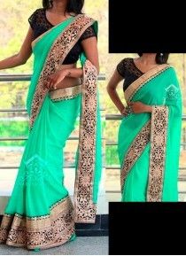 Sea Green Patch Border Work Georgette Designer Saree