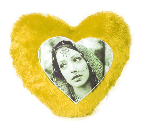 Yellow Fur Heart Cushion